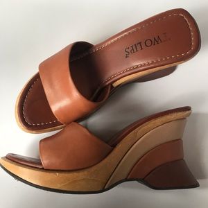 Two Lips sculptural leather wedge heels browns